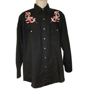 Vtg Karman Western Shirt Mens 16.5-33 Black Pearl Snap Floral Cowboy Rodeo